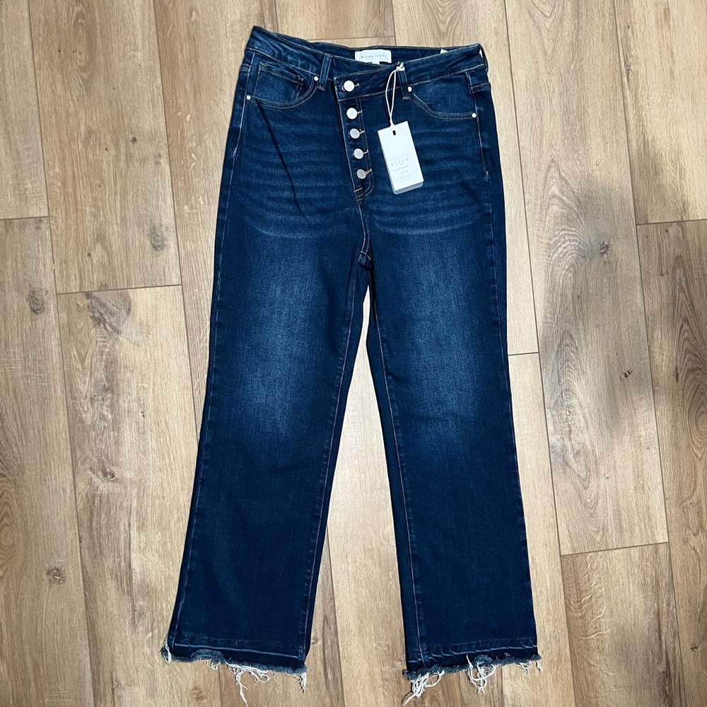 Risen High Rise Cross Over Button Down Dark Blue Women's Jeans 13 / 31 NWT
